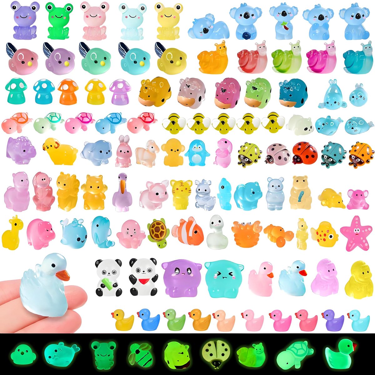 100 stuks mini lichtgevende harsdieren, miniatuur kleurrijke hars, kleine konijnen, dinosaurus, olifanten, eenhoorns om te knutselen, miniatuurfiguren voor aquarium, poppenhuis, miniatuurtuin