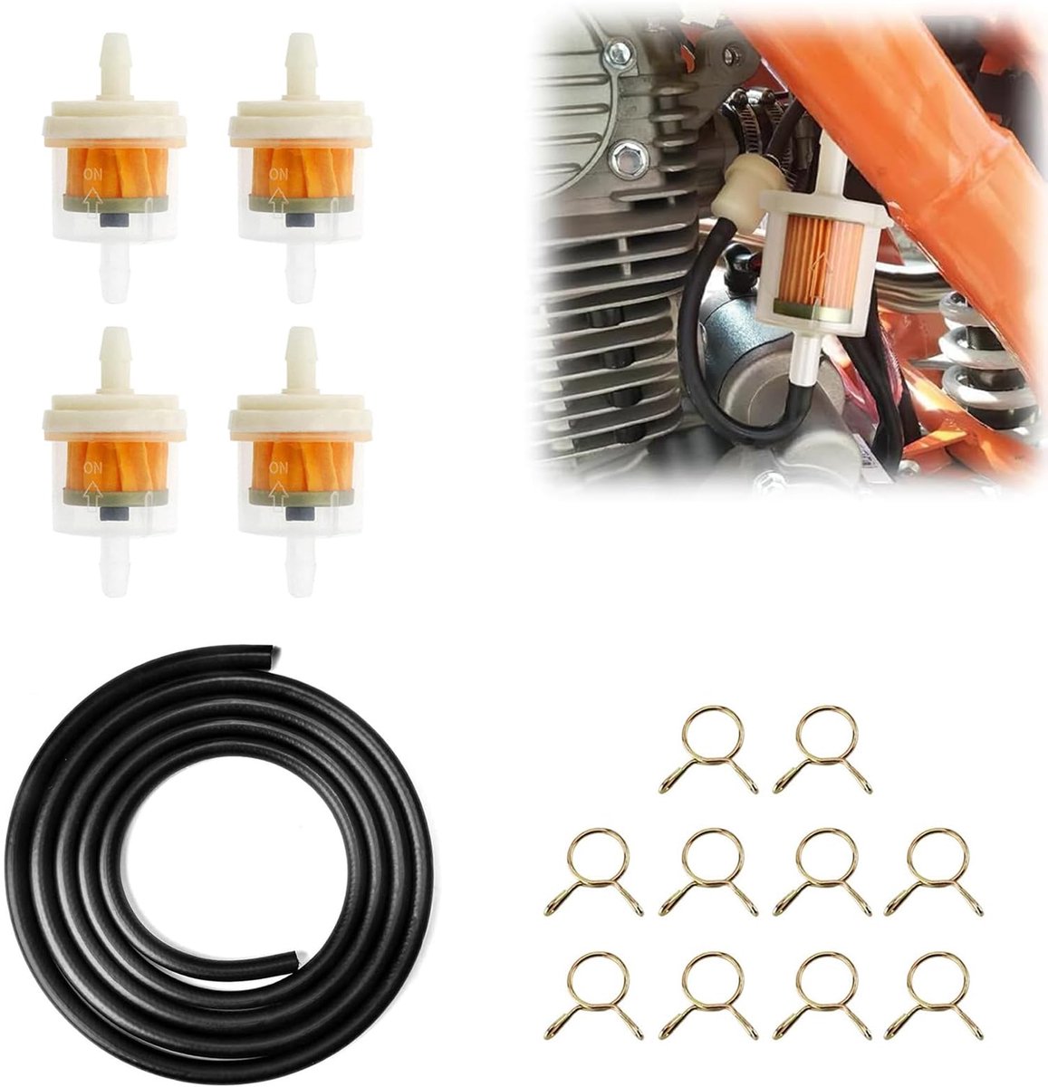 Benzinefilter, benzinefilter, universele brandstofslangset, 5 mm benzinefilter, slang 1 meter, 4 benzinefilters, 10 klemklemmen, voor motorscooters, grasmaaiers, motor