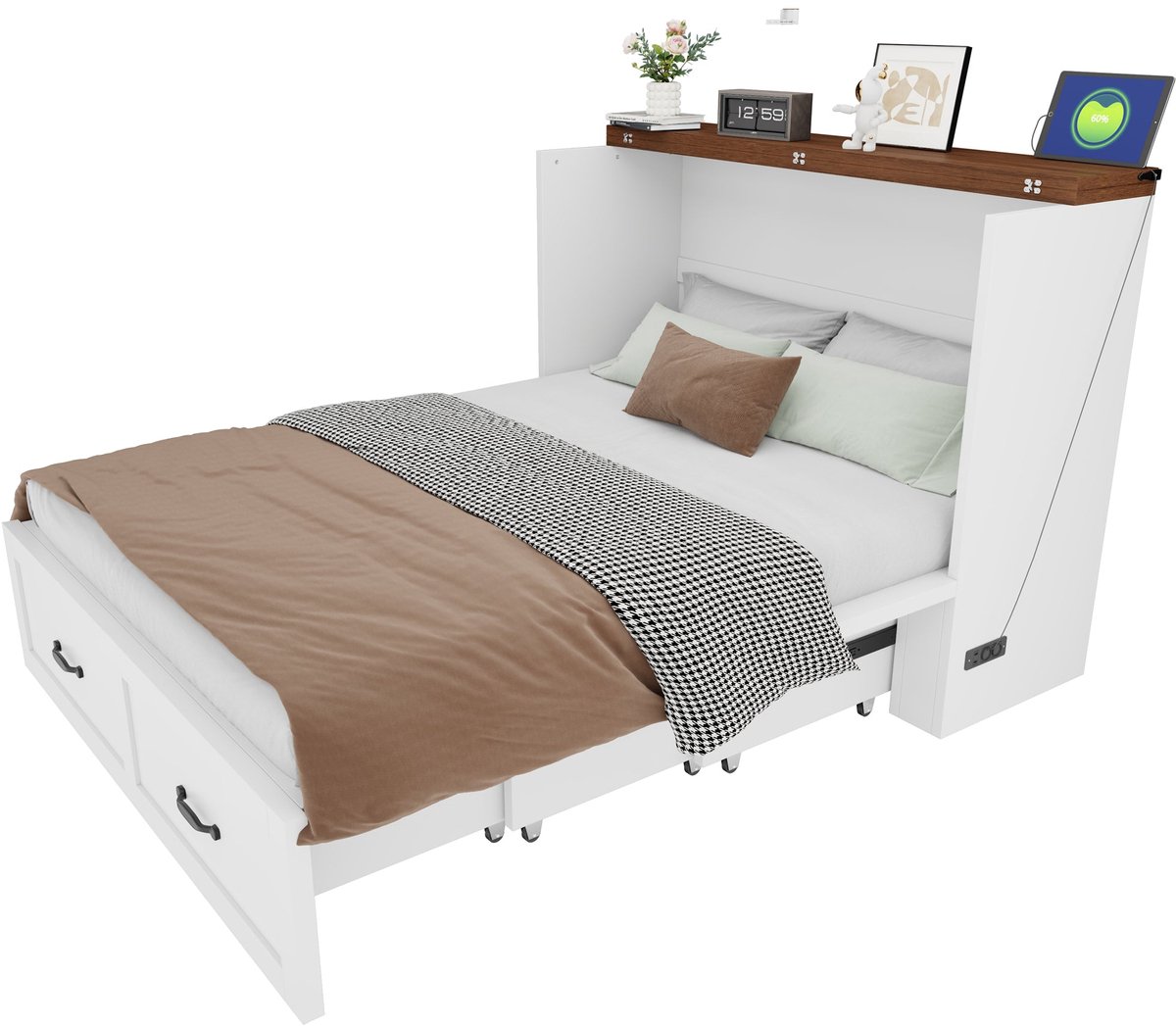 Merax Opklapbed 140 x 200 cm - Kastbed - Uitklapbaar Bed met Opbergruimte - Europees Stopcontact - Metalen Frame - Wit