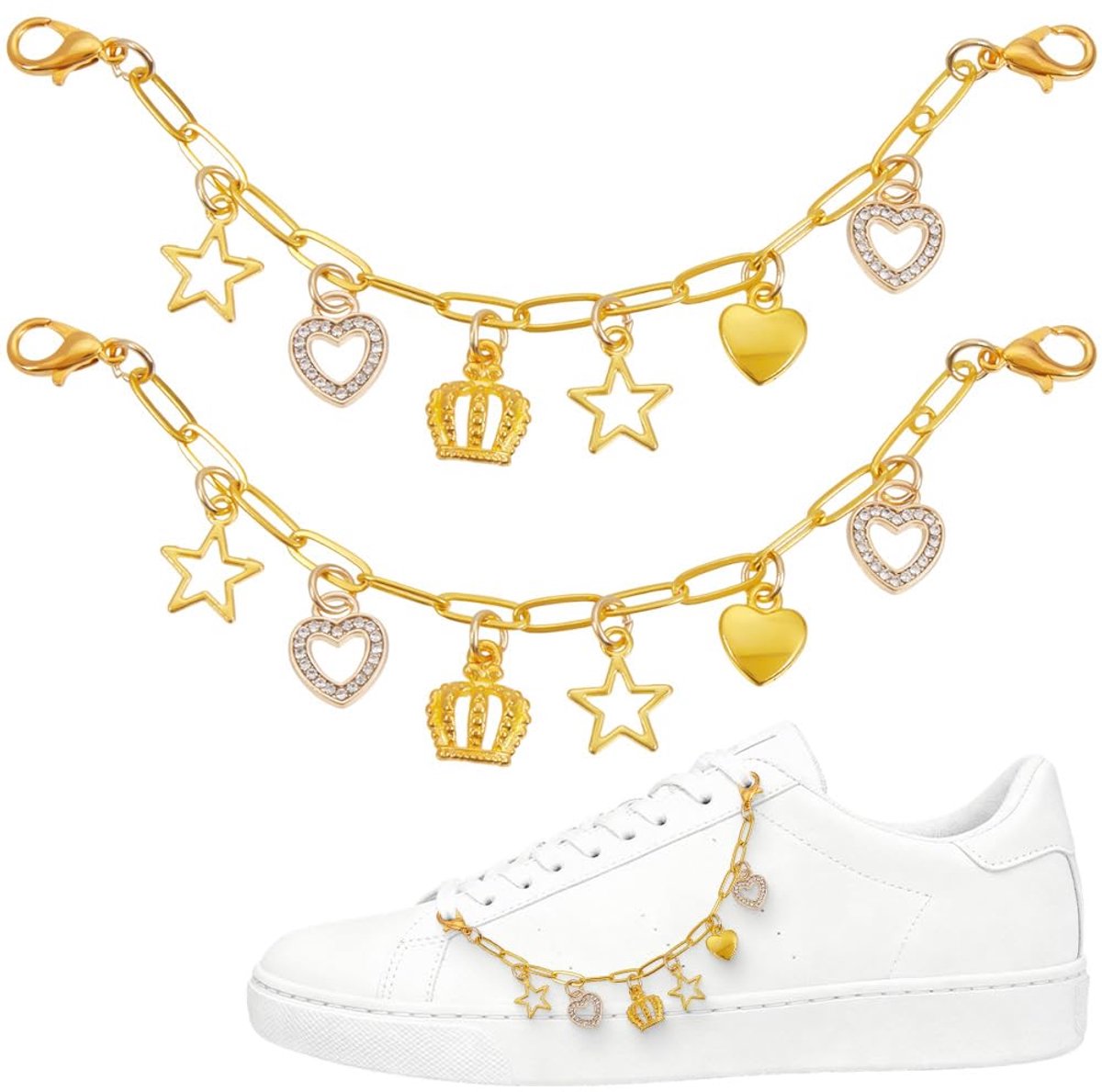 Bedelketting gouden schoendecoratie kettingen messing legering strass ster hart kroon bedels opknoping clips met kreeft klauw sluitingen schoenveter hanger voor sneaker laarzen