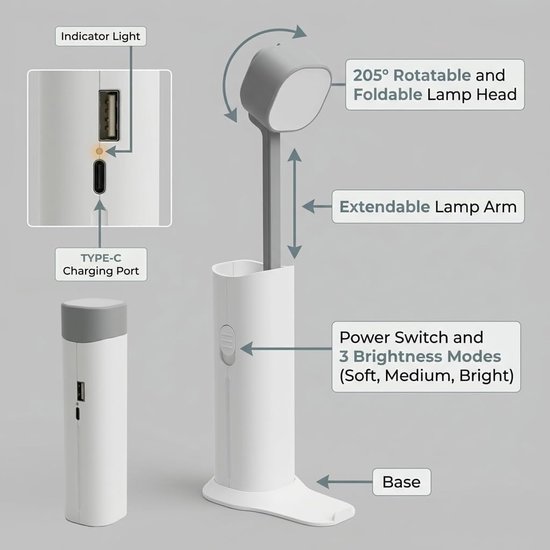 Draadloze 4-in-1 oplaadbare bureaulamp - Opvouwbare en uitschuifbare bedlamp - Combineert zaklamp, telefoonstandaard en ingebouwde powerbank - Voorzien van 3 helderheidsstanden - Geschikt voor lezen, studentenkamers, kamperen en als noodverlichting — afbeelding 4