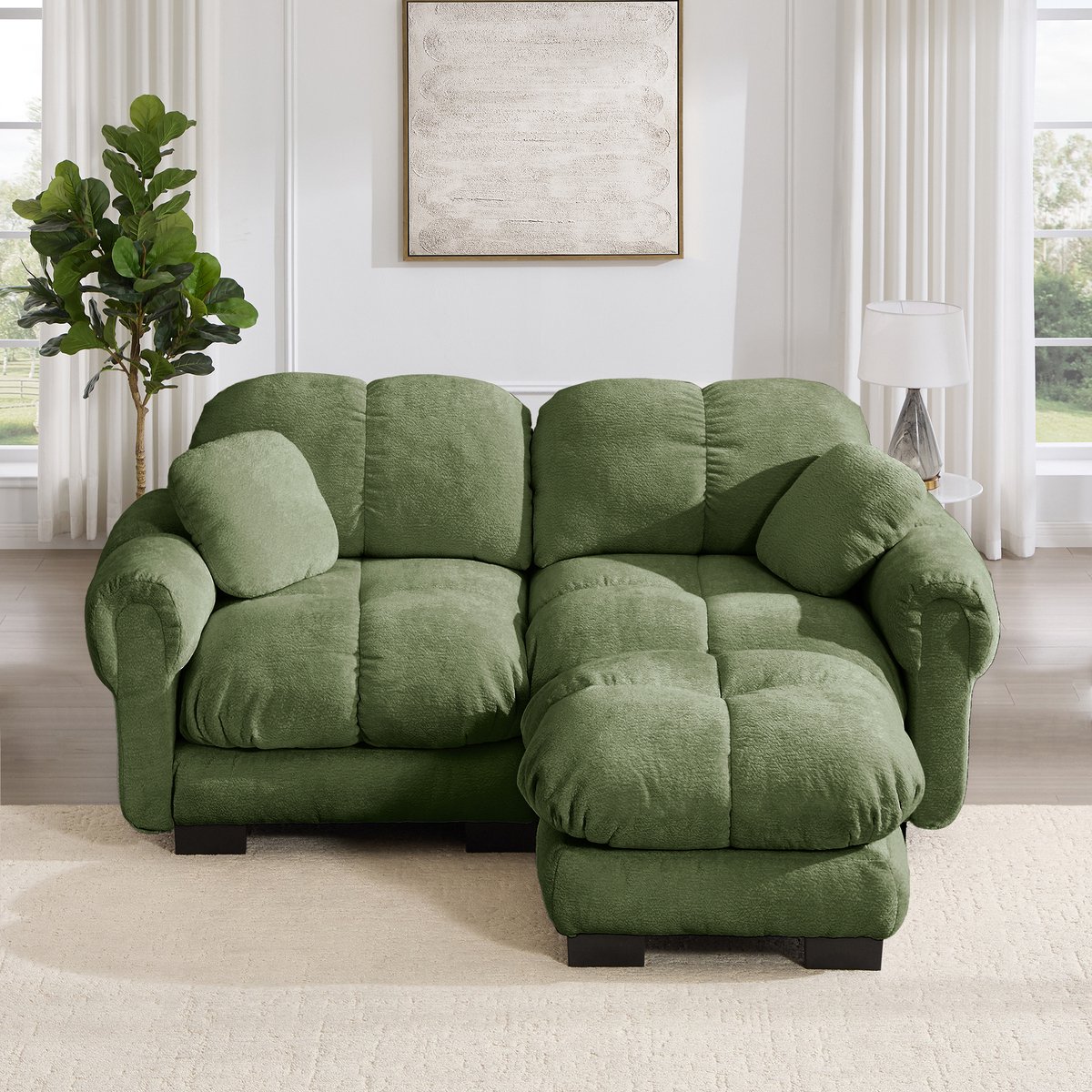 Intebiki 2-zits Hoekbank - Chenille stof - fauteuil - Modulaire U-vormige bank - Geen montage nodig - inclusief 1 poef - groen