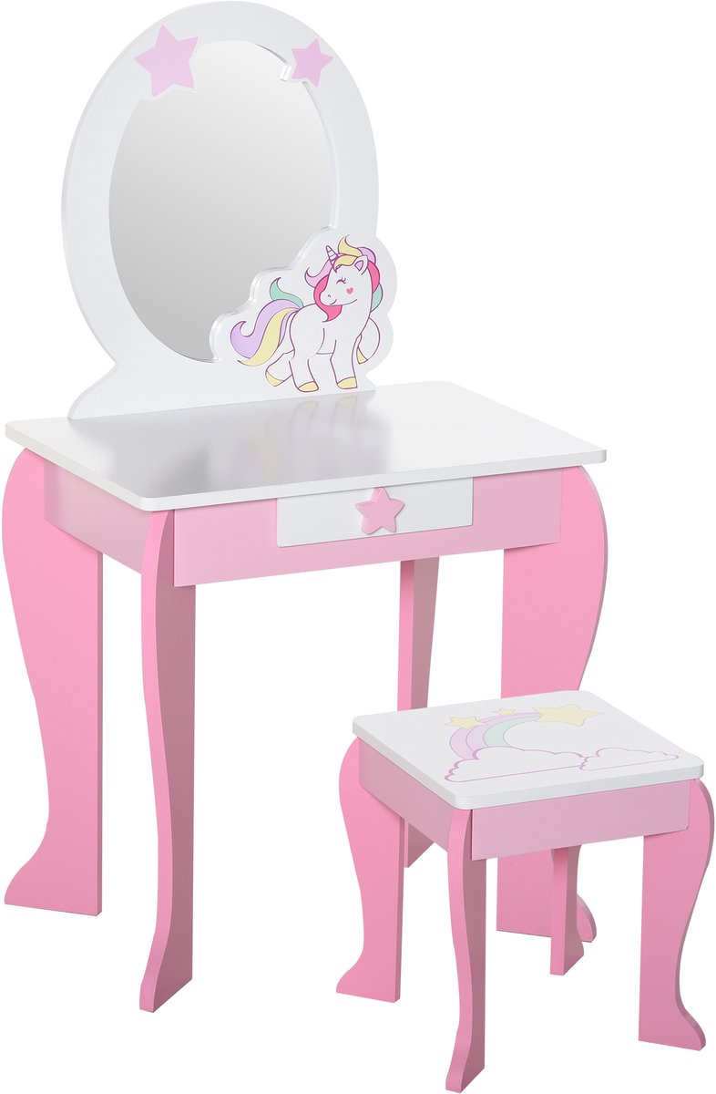 1 stuk - Eenhoorn patroon kinderkleedbord - met stoelen - 49 x 34 x 90 cm - met lade en spiegel - Mediumdichtheidsvezelplaat - roze en wit