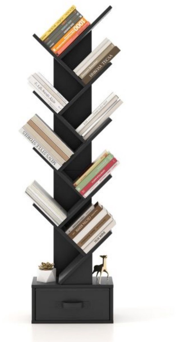 Zenzee Boekenkast - Boekenplank - 8 Schappen - Met Lade - Zwart - 38 x 22 x 150 cm