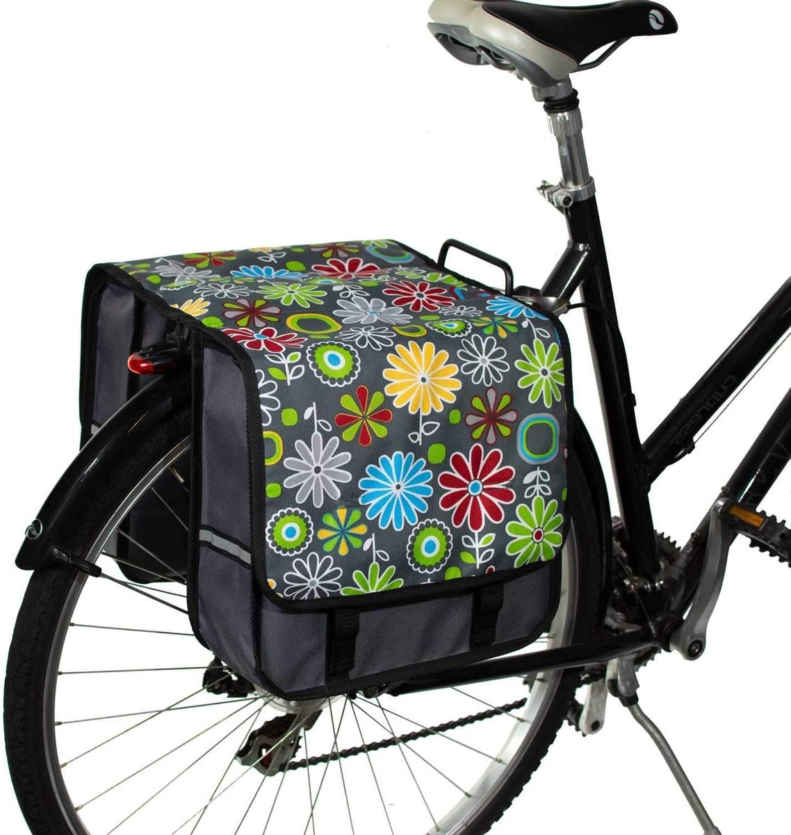 Dubbele Fietstas - Fietstassen Bagagedrager - Fietsen en Boodschappen - Waterafstotend Polyester - 26 Liter - Grijs met Bloemen