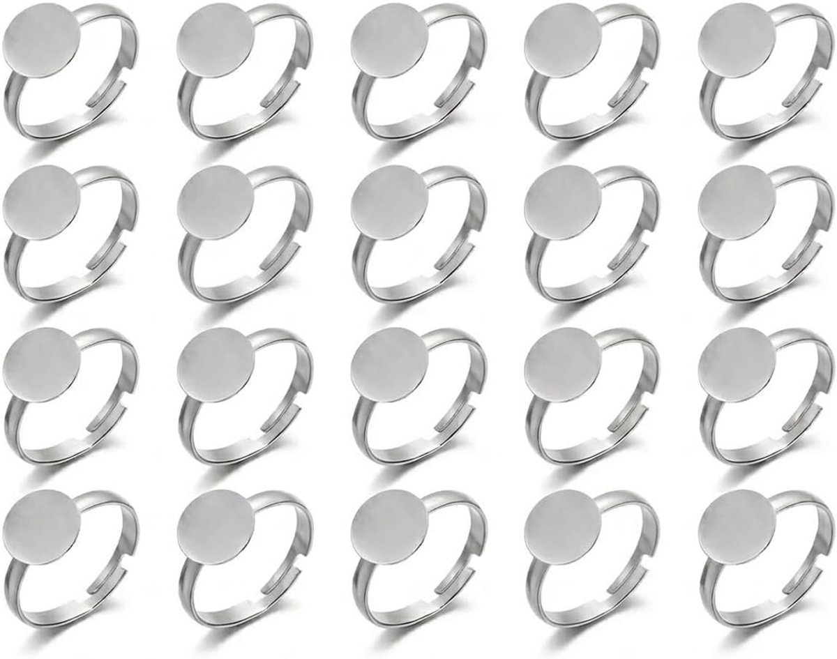 20 stuks verstelbare ringhouders, 10 mm, rond, zilver, ringbasis, cabochon, leeg, sieradencomponenten voor knutselen, knutselen, ringen maken