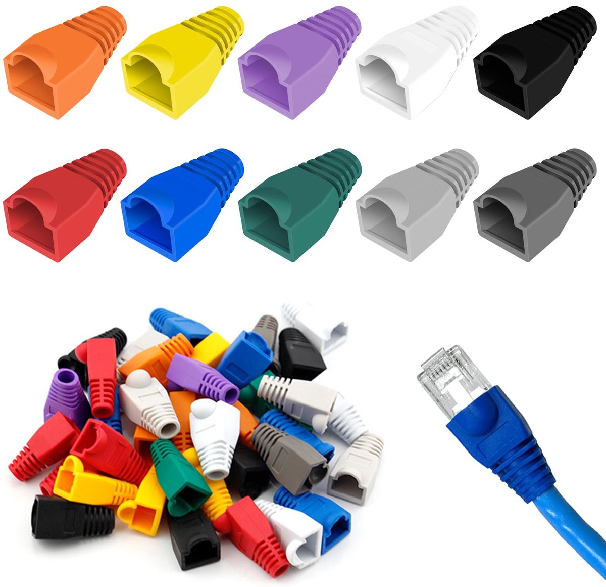 50 stuks zachte kunststof Ethernet RJ45 kabelaansluitingslaarsjes beschermhoezen, RJ45-stekkerafdekking, kabelconnectorlaarsjes, voor Cat5 Cat5E Cat6 Cat6E