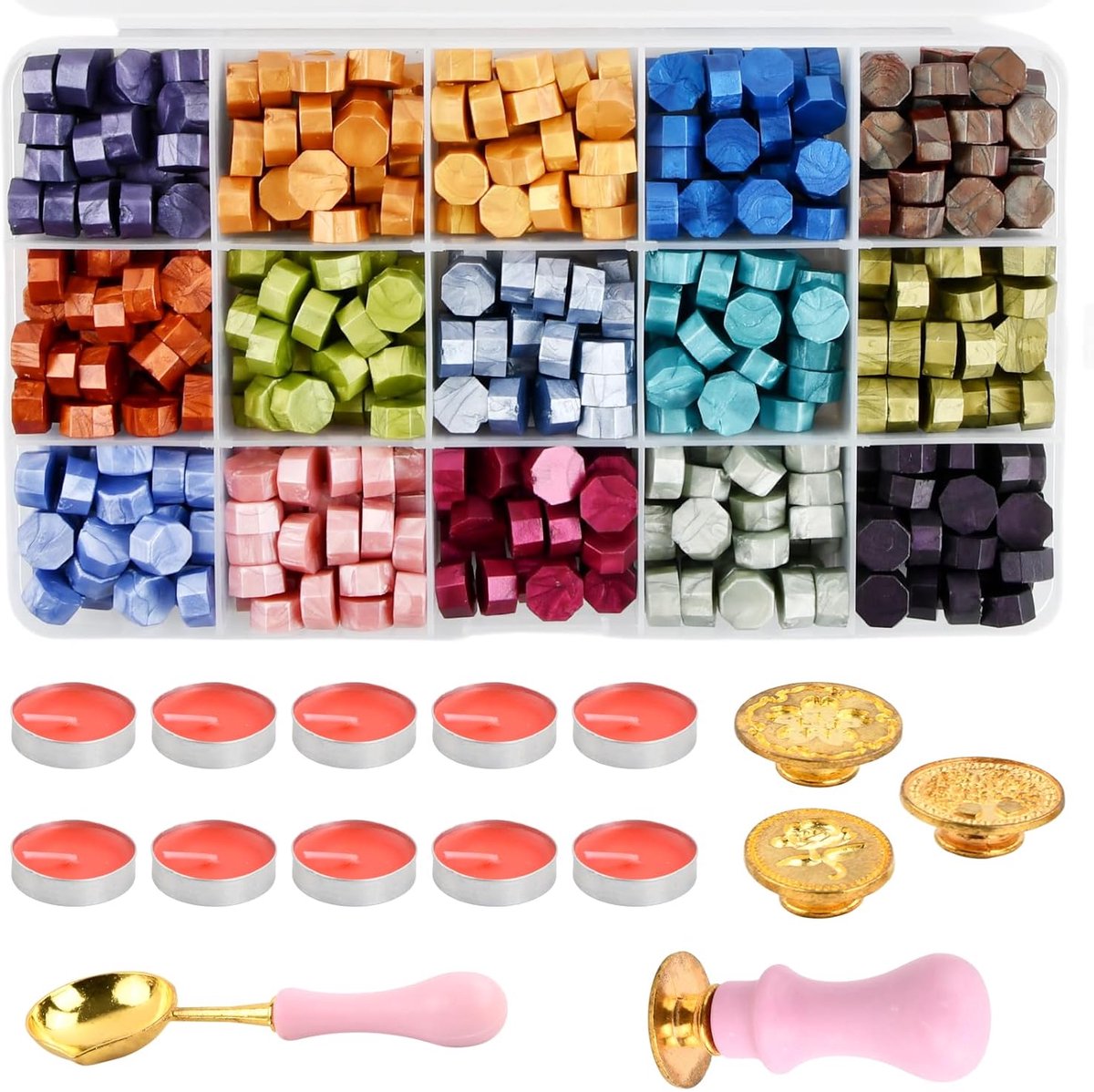Seal Stempel Kit, 15 Kleuren Ongeveer 375 Stks Wax Kralen, Smeltlepel, 10 Theekaarsen, 3 Stempel, Zegellak Set voor Bruiloft Uitnodigingen, Brief Postzegels, Kaarten, Wijn Pakketten