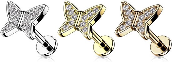 1 kraakbeen oorsteker, vlinder zilver, goud, roségoud, pavé zirkonia, Clear piercing-s chirurgisch staal, schroefsluiting, staafje, 6/8 mm lang, 6 mm, Roestvrij staal — afbeelding 4