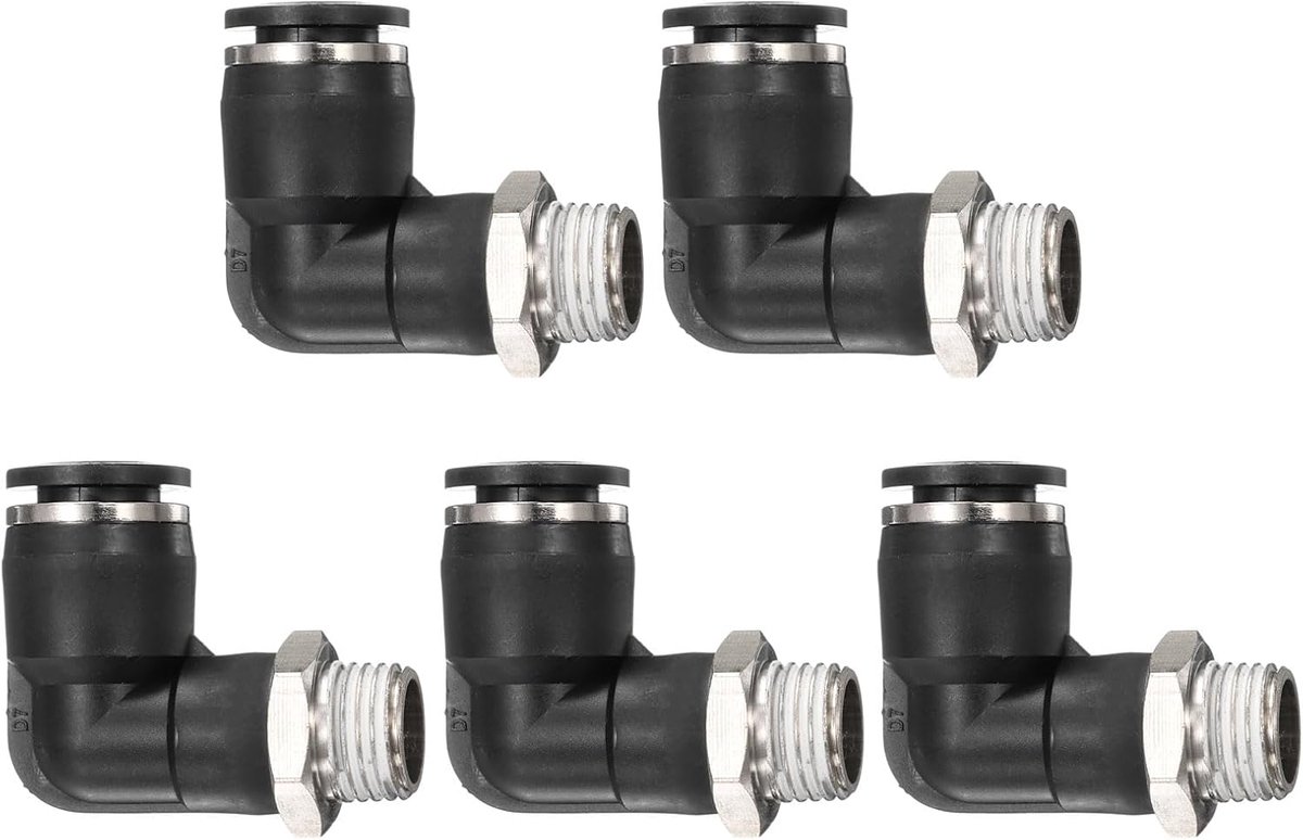 5 stuks slangaansluiting met snelkoppeling 1/4 inch BSPT mannelijke schroefdraad x 10 mm ID 90 graden snelkoppeling pneumatische fittingen, zwart