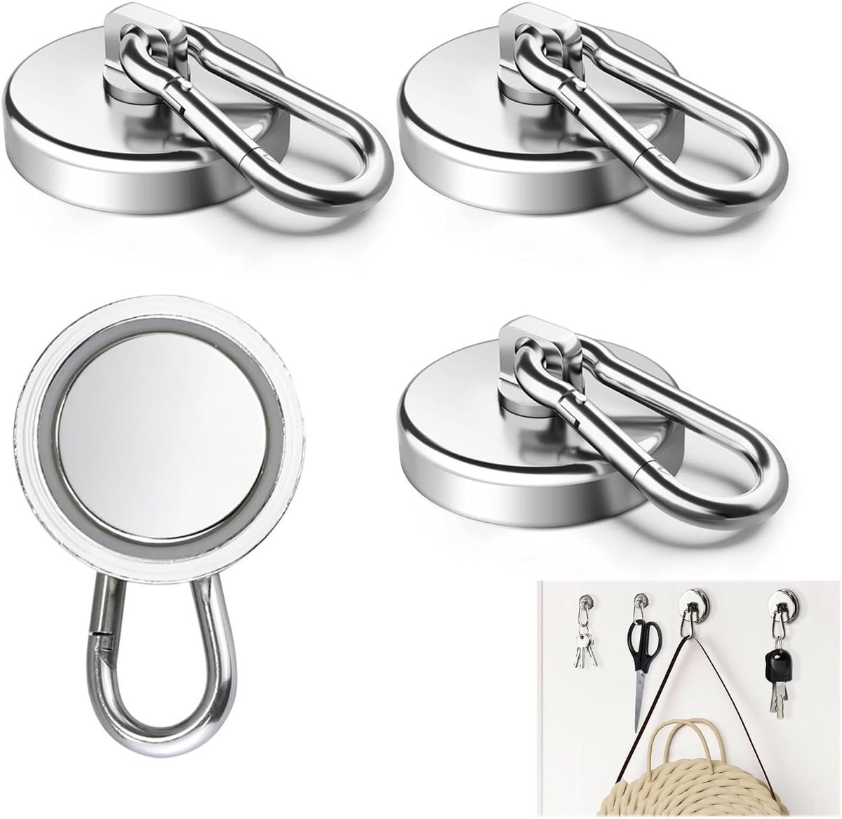 4 stuks neodymium magneten met haak, 360° draaibare magnetische haken, 22 kg trekkracht, voor koelkasten en keukens