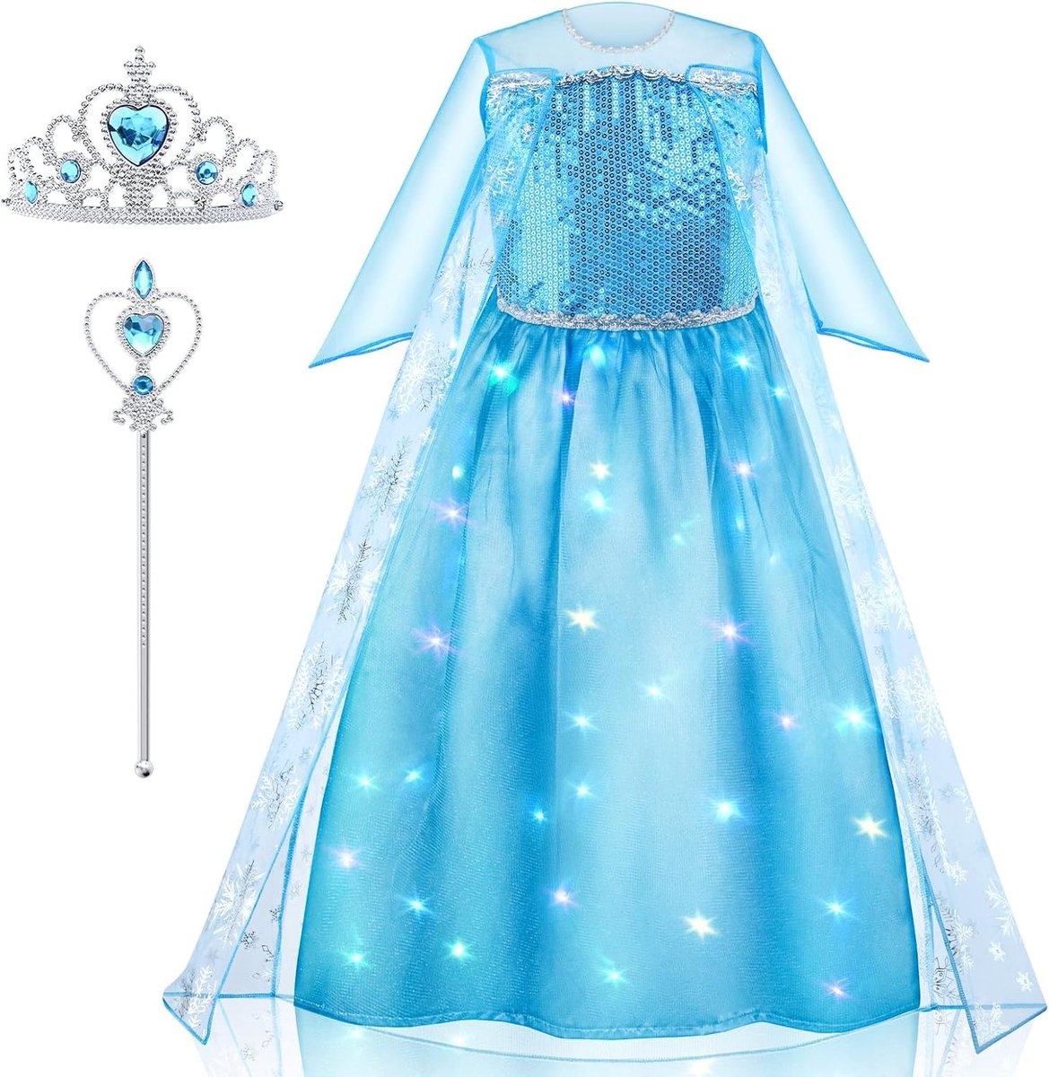 Led-prinsessenkostuum voor meisjes, lichtgevend meisjeskostuum, prinsessenjurk met accessoires van kroon en toverstaf, kostuum voor meisjes, Halloween, carnaval, cosplay, verjaardagsfeest