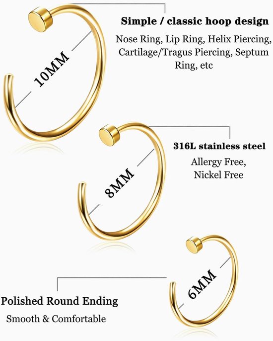 roestvrijstalen neuspiercing - 10 stuks, piercingvorm neuspiercing, kleine chirurgisch stalen neuspiercing, ringpiercingset, neuspiercing, gouden neusgatpiercing-sieraden — afbeelding 2