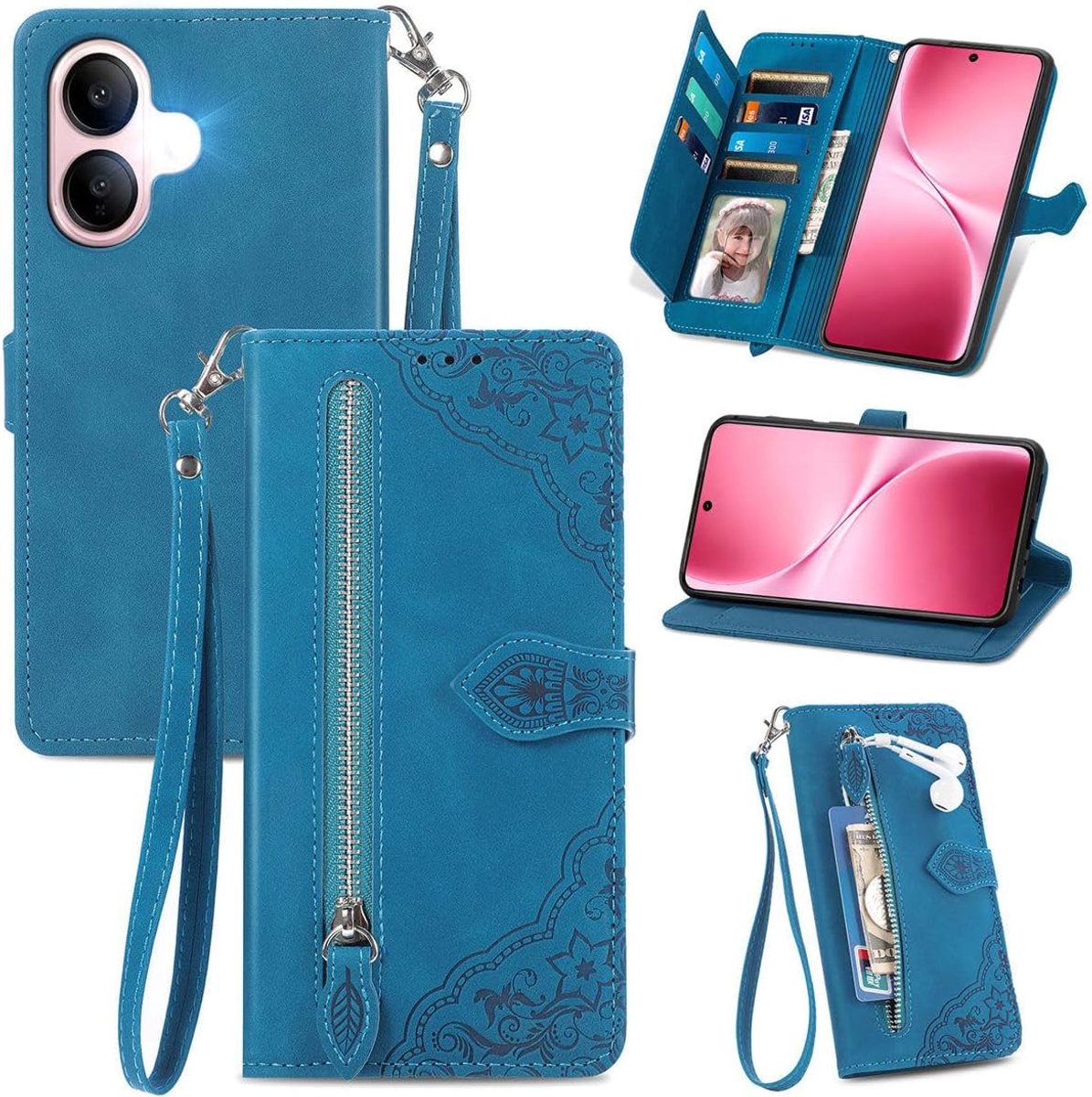 Flip Hoesje Compatibel met Vivo V60 Lite, PU Leren Rits Portemonnee Hoesje Flip Telefoonhoesje met TPU Shell, Kaarthouder Multifunctioneel Hoesje. Blue