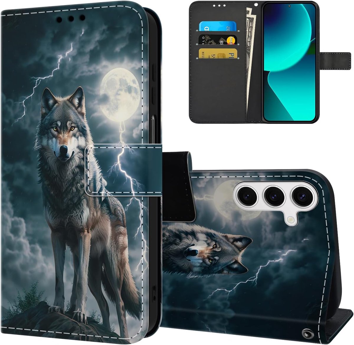 Telefoonhoesje voor Samsung Galaxy S25 5G, premium PU-leren klaphoes met motief, beschermhoes, magneetsluiting, kaartenvak, standfunctie, flip case, telefoonhoes voor Samsung S25 5G - Wolf B