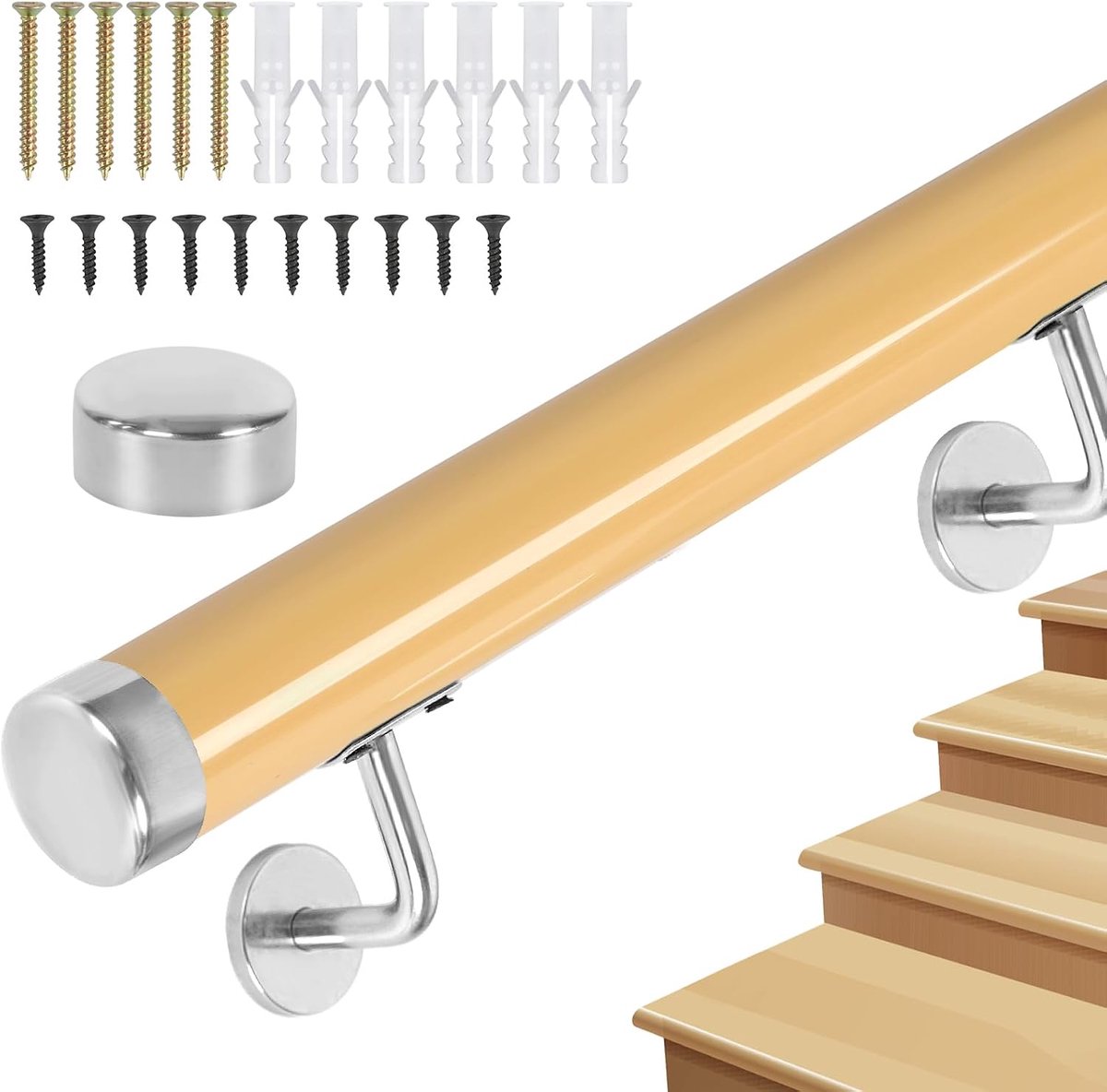 Trapleuning, leuning voor trappen, antislip trapondersteuning, houten leuning met montageset, Ø 50 mm, steunstang, tegen de muur, voor binnengang, villa's en lofts (hout, 50 cm)