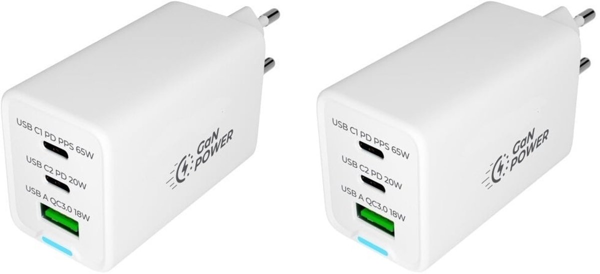 2 stuks OneOne 65W super snellader met 3 poorten. USB A en 2x USB C. Compacte GAN Quick Charge lader. PD PPS oplader adapter past op Universeel Microsoft, Lenovo, Honor, Samsung Galaxy, Motorola Moto, Google Pixel, Kobo (Rakuten), Apple iPhone / iPad