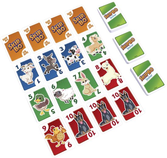 Kaarten van Skip-Bo Junior met boerderijdieren: geit (1), ezel (2), koe (3), paard (4), eend (5), schaap (6), konijn (7), lama (8), haan (9) en honden (10).
