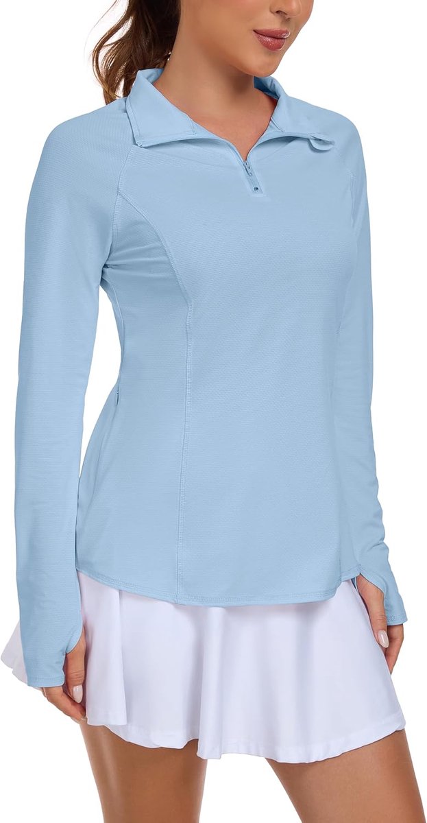 Hardloopshirt voor dames, lange mouwen, losse pasvorm, sportjack, functioneel shirt, sportshirt, uv-beschermingsshirt UPF 50+, UV 1/4 ritssluiting met duimgaten en verborgen zak rechts