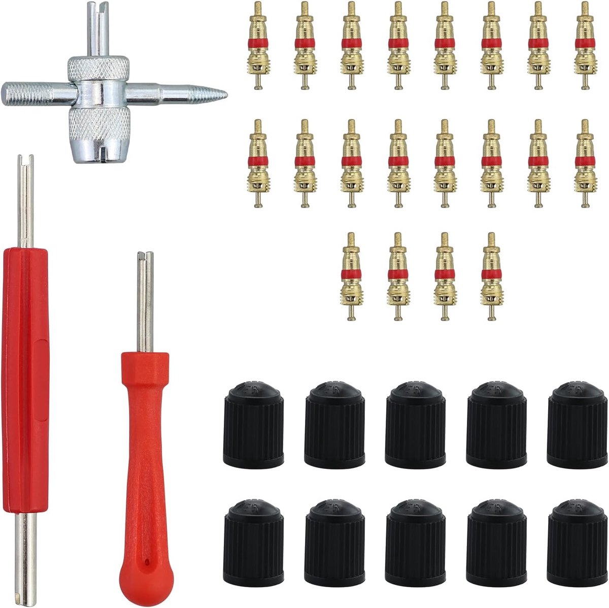 33 stuks autoklep reparatieset, autobandenklep/ventiel reparatieset met 20 x klepkernen, 10 x klepkappen, 3 x klepsleutels/gereedschappen voor autobandenreparatie, motorfiets fiets