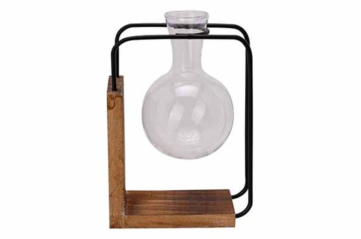 Vaas Glass Vase D5,7xh9,5cm On Wood Zwar T 9,5x4,5xh12,5cm Rechthoek Metaal