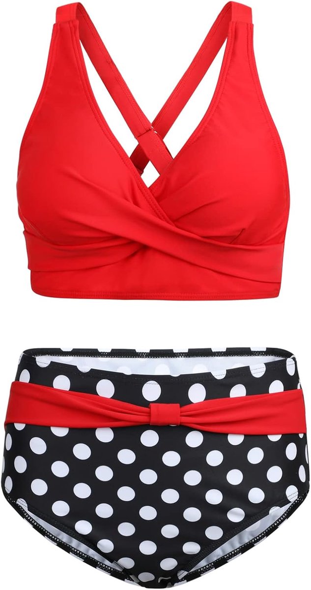 Tweedelige damesbadpakken, bikini met gekruiste top, hoog getailleerde bodem, badpakken voor buikversteviging, badmode met vintage motief