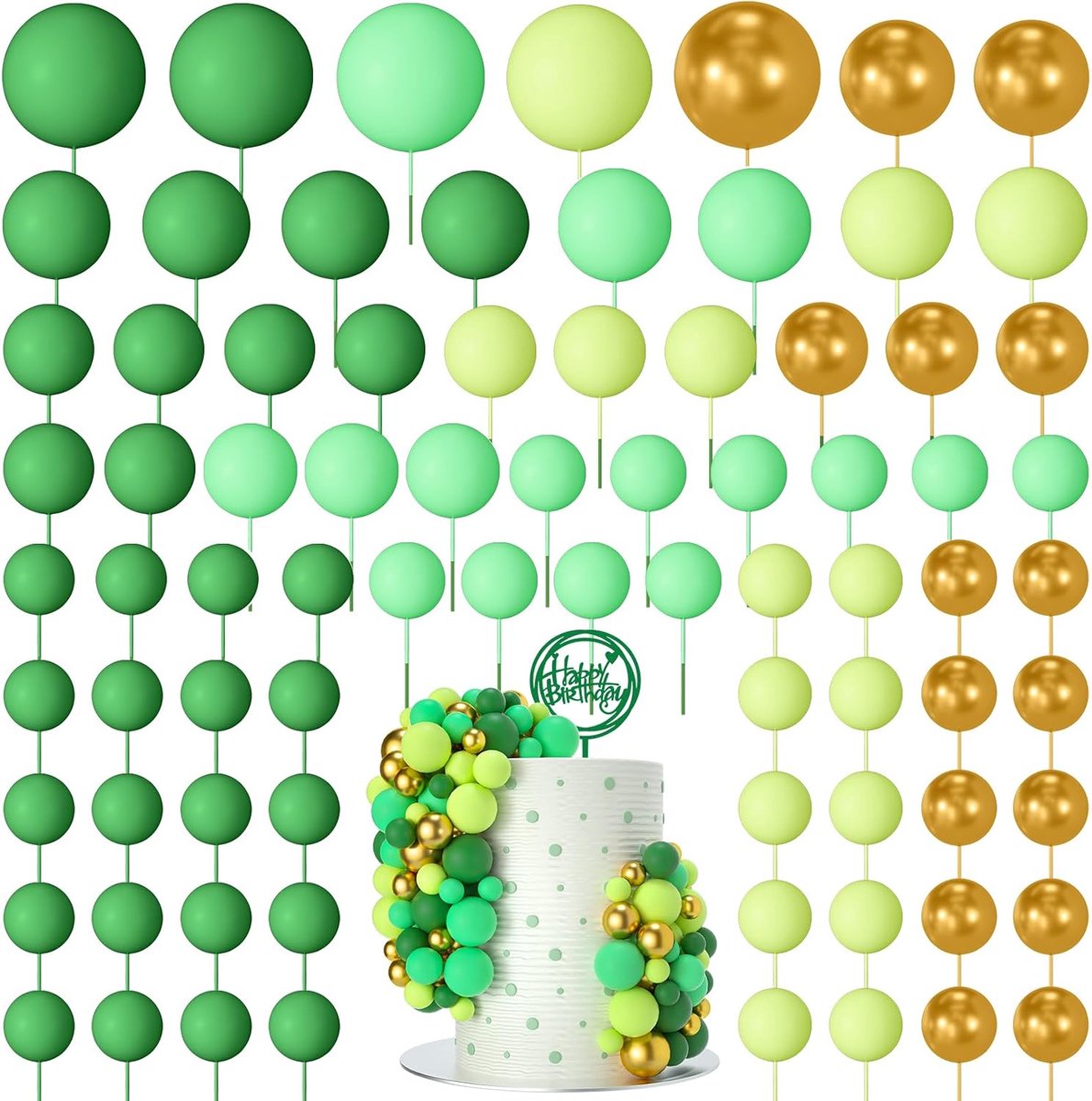 80 stuks mini-ballontaarttoppers, schuimdecoraties voor verjaardagsfeesten, bruiloften, jubileum (serie groengoud)