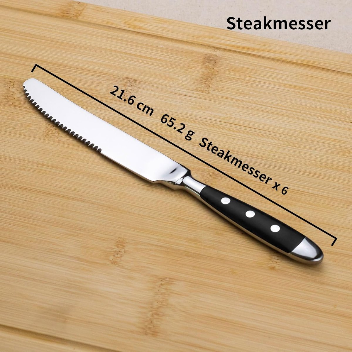 Steakmessen Set 6 Stuks, Keuken Steakbestek Messenset, Scherpe Pizzamessen, Zwarte Handgrepen, Gepolijst Roestvrij Staal, Golfsnede, voor Huishoudens en de Eetkamer, Serie Berlijn