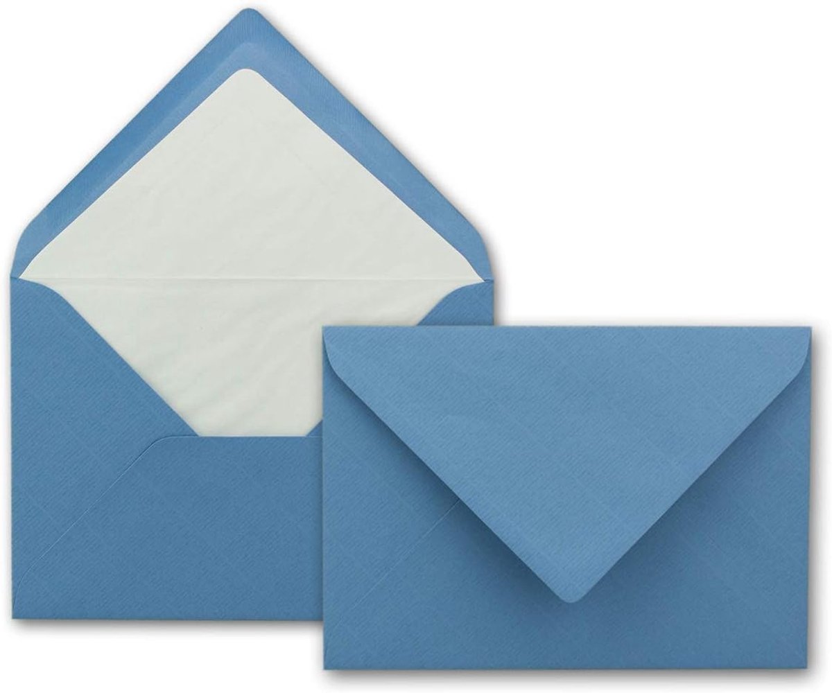 Enveloppen in hemelsblauw, 50 stuks, DIN B6, 12,5 x 17,6 cm, geribbeld papier, witte zijdevoering, voor Kerstmis en feestelijke gelegenheden