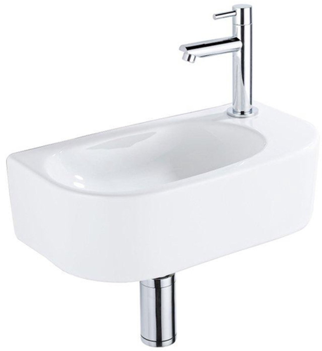 Fugaflow Efficiente Pietra Fonteinset - 40x21.5x12cm - rechts - glad - halfrond - 1 kraangat - keramiek - fonteinkraan chroom - afvoerplug - verlaagd sifon - Wit Glans