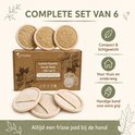 Een doos met 6 Fritzline loofah gezichts scrub pads. Drie pads met lus liggen vooraan. Compact, lichtgewicht en handige band.