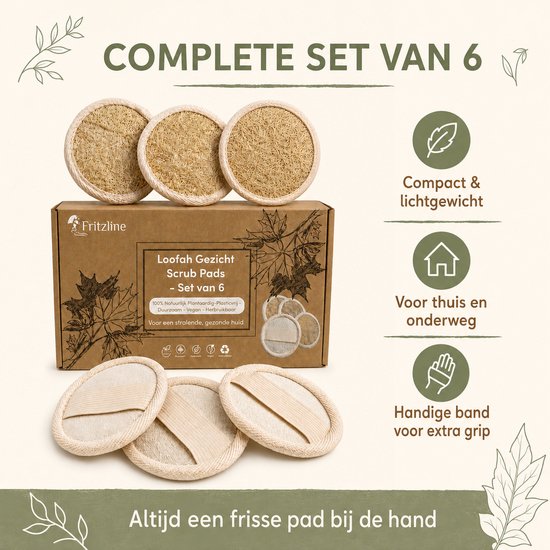 Een doos met 6 Fritzline loofah gezichts scrub pads. Drie pads met lus liggen vooraan. Compact, lichtgewicht en handige band.