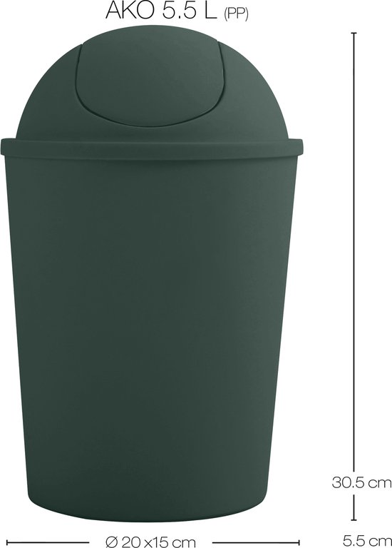 Donkergroene prullenbak met kantelbaar deksel, AKO 5.5 L, 30,5cm hoog, 20x15cm.