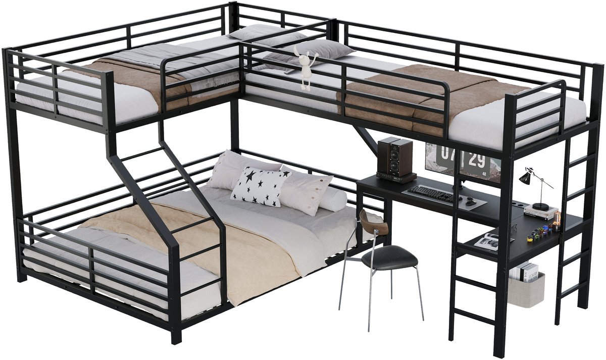 Merax Metalen Stapelbed 3 Slaapplaatsen - 90 x 200 cm en 140 x 200 cm - Bureau - USB en Type-C Stopcontact - EN747 - Zwart