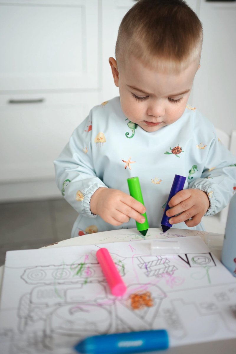 SnelShoppen - J.Børn Langemouwen Waterdichte Slabbetjes voor Baby's 6-12 Maanden - Slabbetje met Opbergtas voor Baby-Led Weaning (Oceaan)