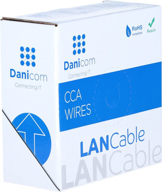 Boîte avec DaniCom CCA WIRES LANcable. Certifications RoHS et Reach. Flèche bleue sur le côté.