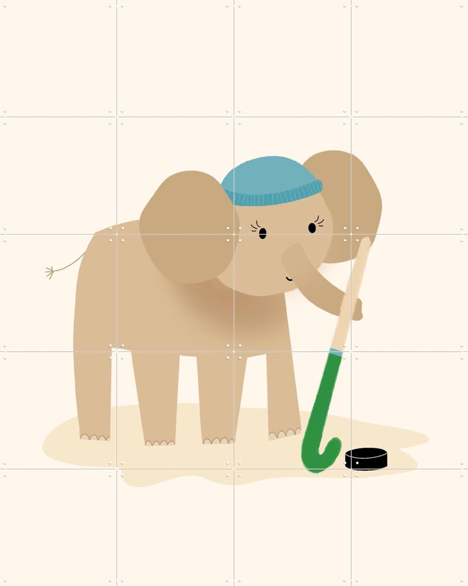 IXXI Hockey Olifant, Stadse Spruiten | door Miek illustreert - 80 x 100 cm - Gratis ophangtool - Grote wanddecoratie en posters - Speels, Cartoonesk