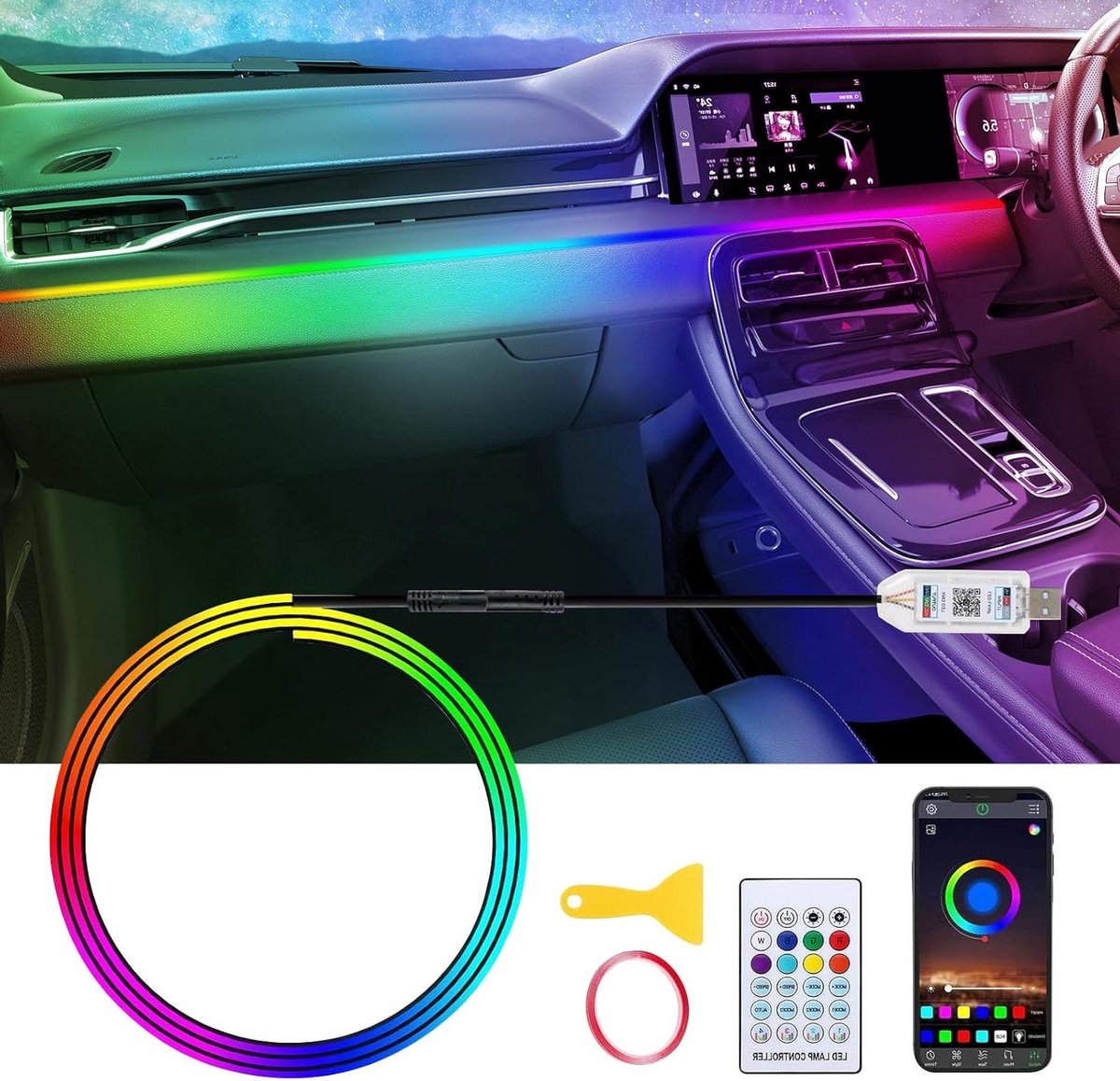 Auto Binnenverlichting - Sfeerverlichting LED - Sfeer Creëren - App & Muziekbesturing - 110 cm - Meerkleurig