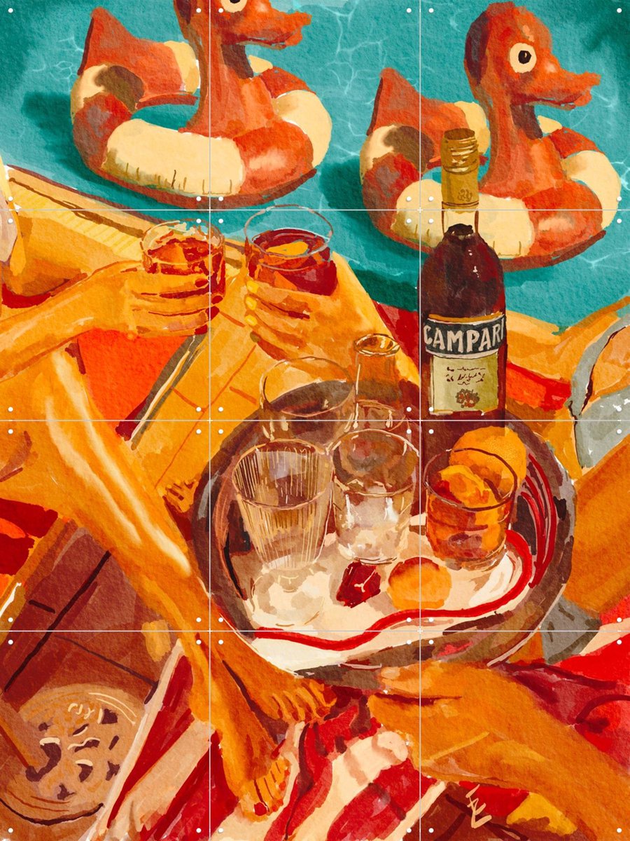 IXXI Campari Pool, Ekaterina Zagorska - 60 x 80 cm - Gratis ophangtool - Grote wanddecoratie en posters - Kleurrijk, Speels, Vintage, Kwaststreken