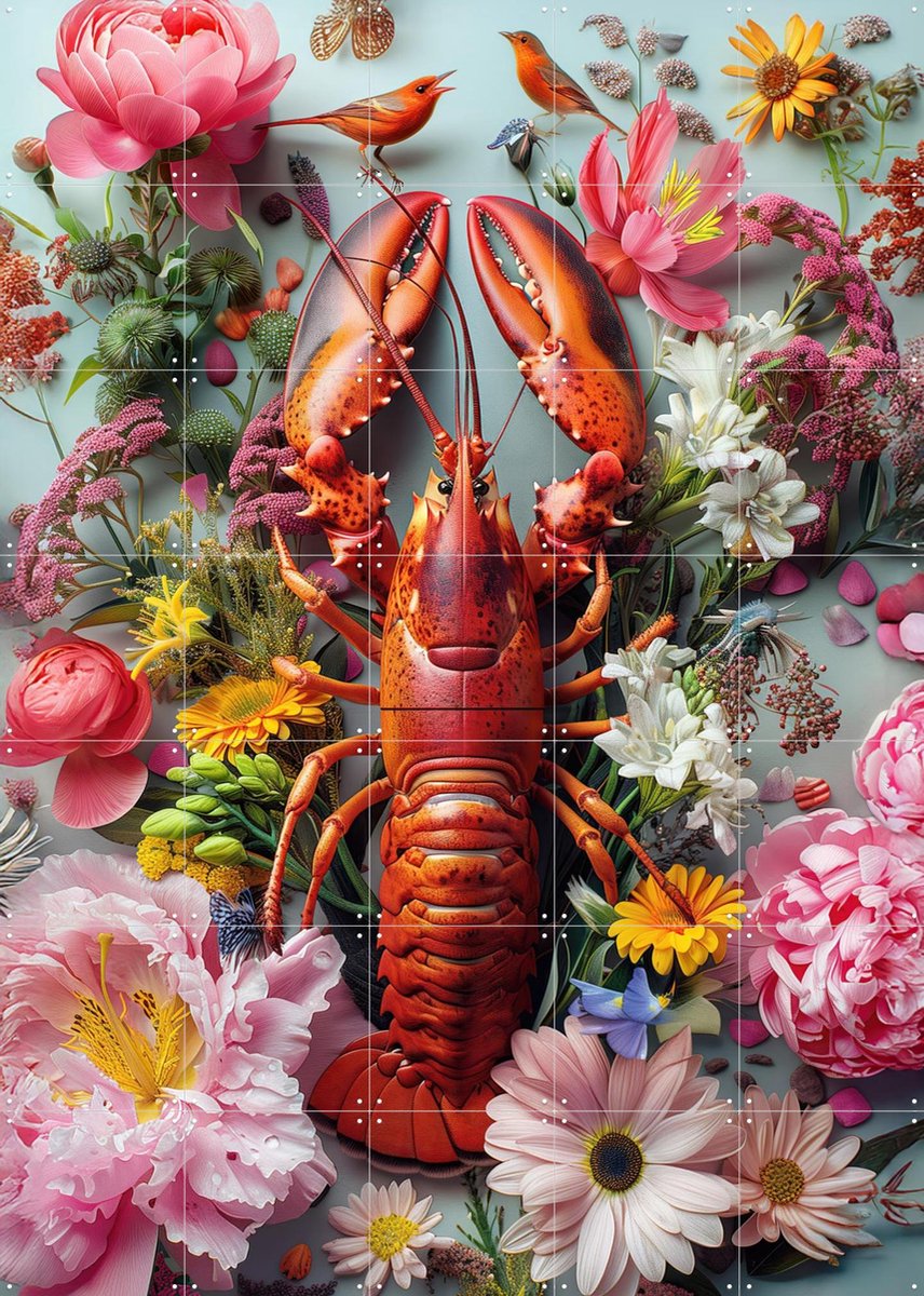 IXXI Lobster Flowers, OTTI - 100 x 140 cm - Gratis ophangtool - Grote wanddecoratie en posters - Fantasierijk, Surrealisme, Kleurrijk, Speels
