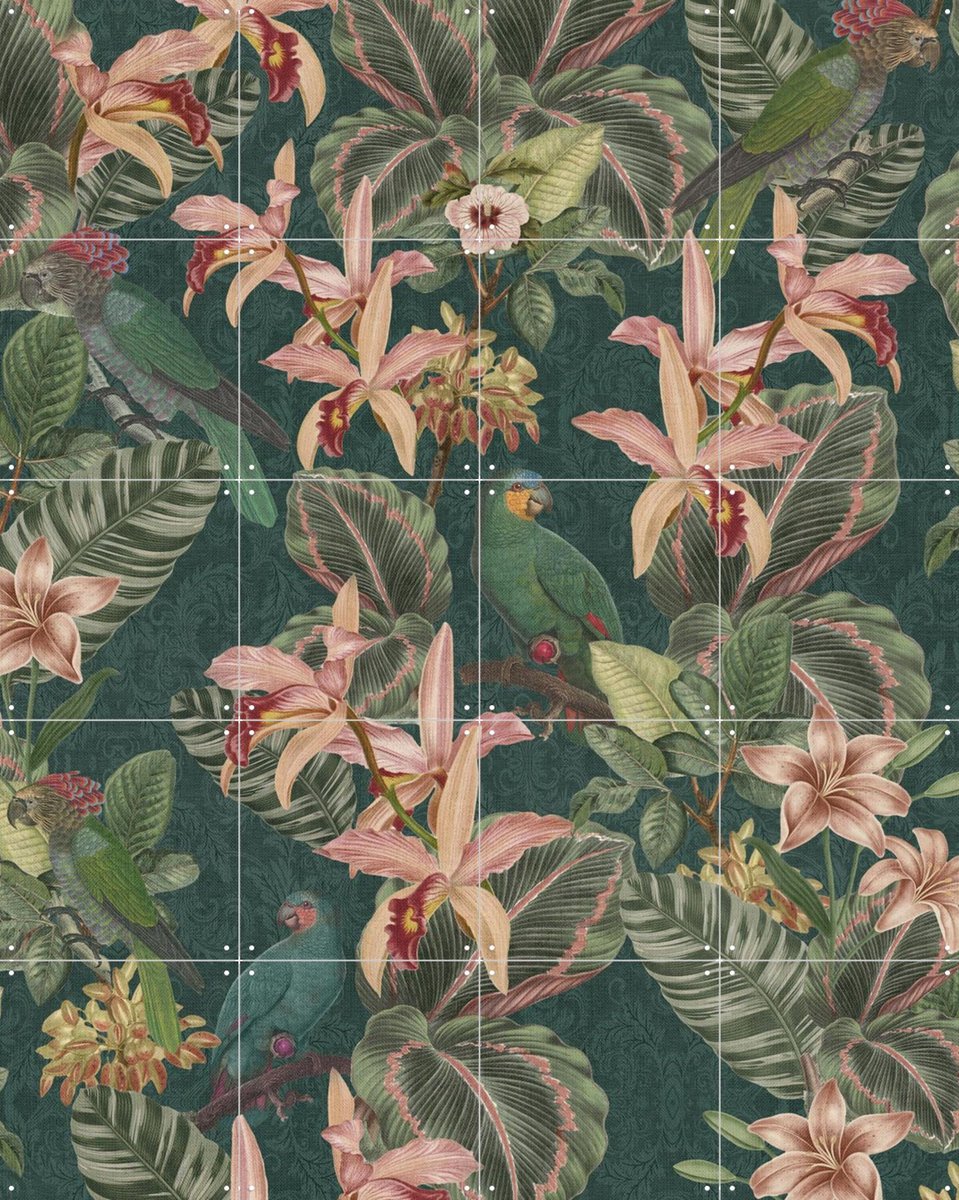 IXXI Jungle Parrots Midnight Garden, Bloomery Decor - 80 x 100 cm - Gratis ophangtool - Grote wanddecoratie en posters - Ornamenteel Ontwerp