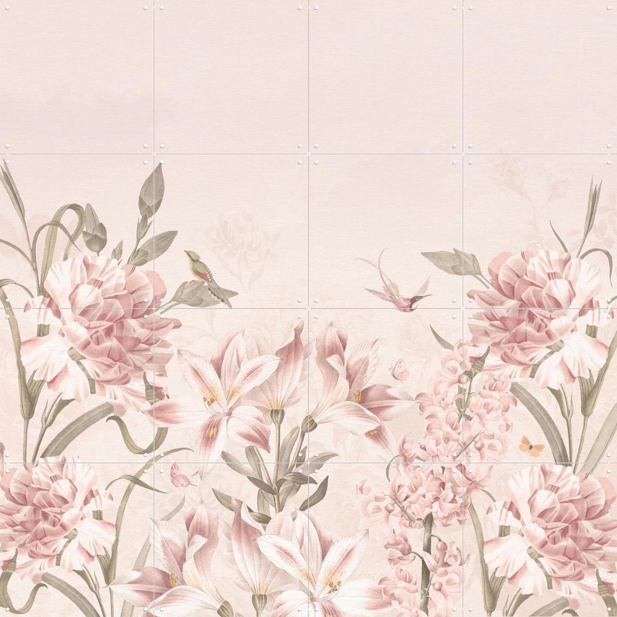 IXXI Vintage Spring Flowersand Birds, Bloomery Decor - 80 x 80 cm - Gratis ophangtool - Grote wanddecoratie en posters - Vintage, Fantasierijk, Art