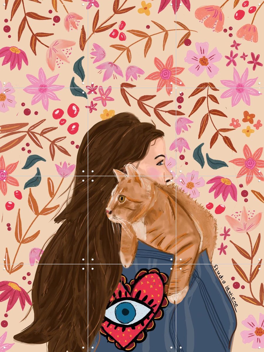 IXXI Cat On My Shoulder, Studio LaWiene - 60 x 80 cm - Gratis ophangtool - Grote wanddecoratie en posters - Fantasierijk, Retro, Impressionisme