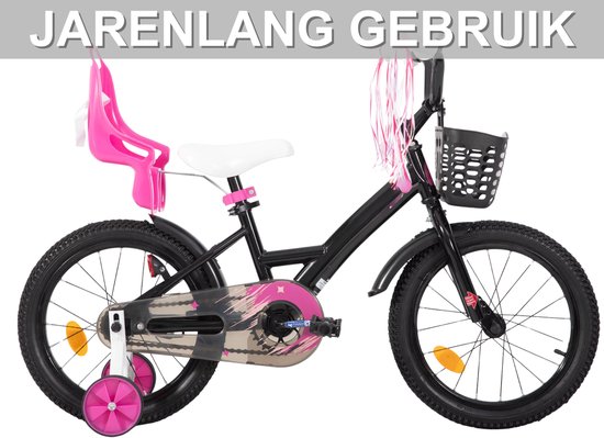 Kinderfiets - Voor meisjes 3–10 jaar - Met zijwieltjes, streamers, mand en poppenzitje - Black-20 Inch — afbeelding 4