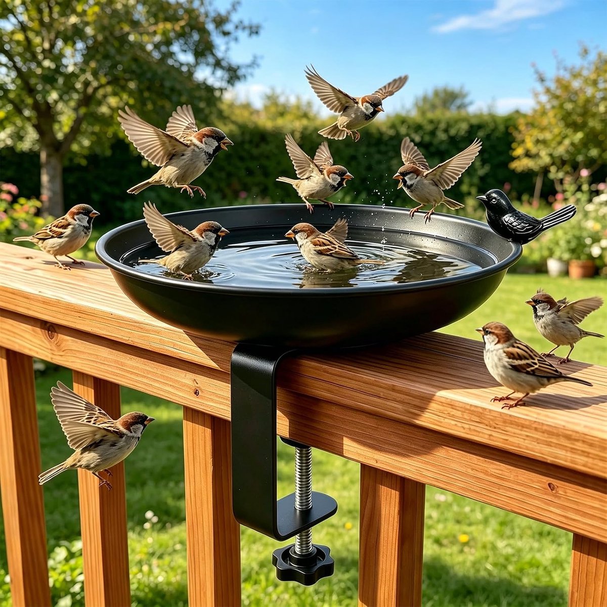 Vogelbad voor balkonleuningen, vogelbad hangend voor balkonleuningen, vogelbad tuinhouder, winterbestendig van ijzer, binnenplaats en tuin, voederstation voederstation vogels voor