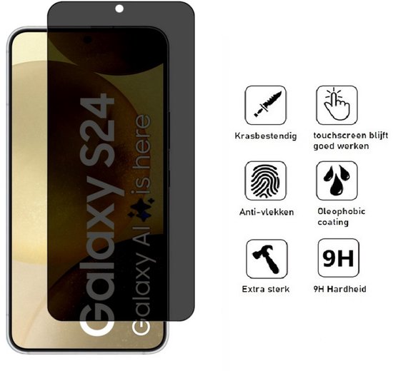 Galaxy S24 privacy screenprotector met krasbestendigheid, anti-vlekken en 9H hardheid iconen.