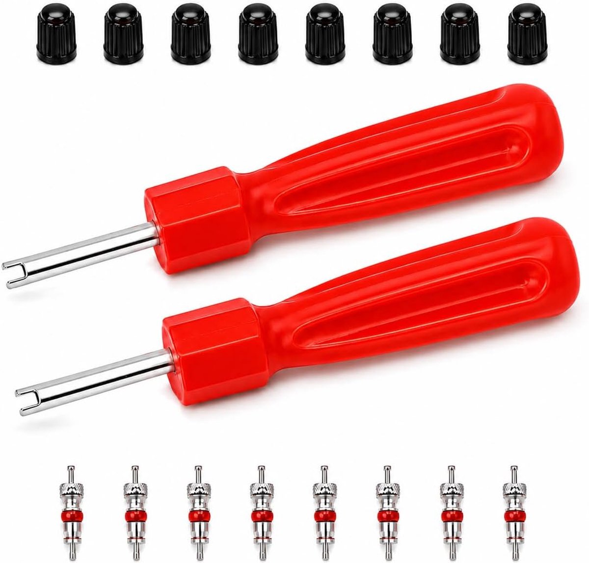 2 set Valve Core Remover, met 2 gereedschappen, 8 ventieldoppen en ventielinzetstukken, robuuste ventielverwijderaar, universele autoventielsleutel, voor ventielinzetstuk Autoa