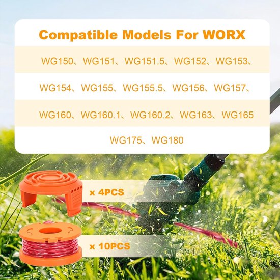 Spoelen voor Worx 20V, 14 stuks - Draad Ø 1,65 mm, 3 m lengte, 10 reservespoelen, 4 dopjes — afbeelding 4