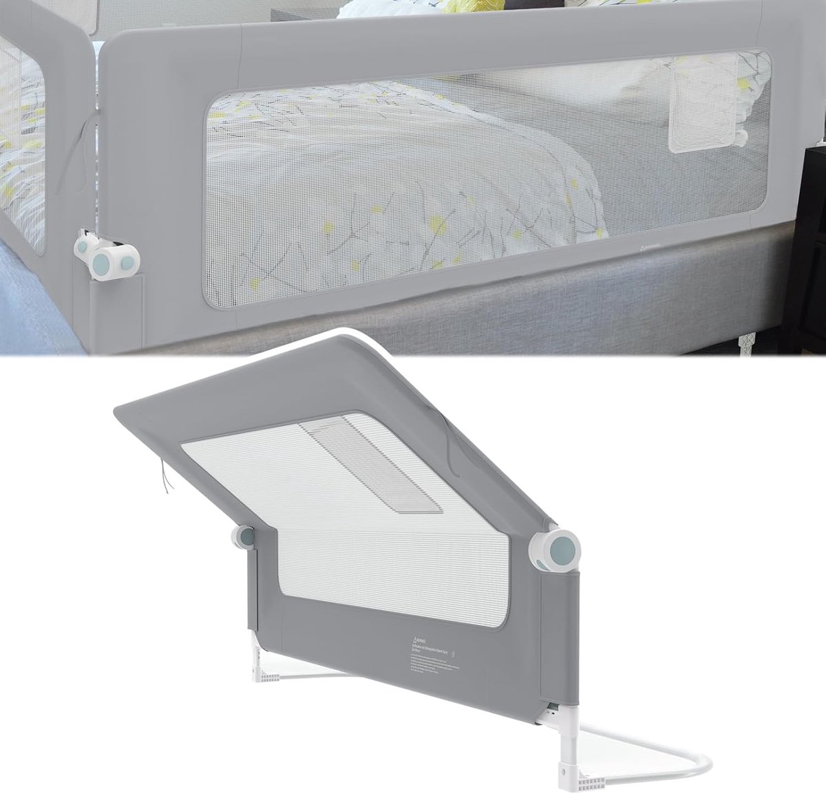 Uitvalbescherming bedrail 150 cm, inklapbaar bedhekje voor baby met opbergzakken, in hoogte verstelbaar, kinderbedhekje voor kinderbedden, ouderbedden (grijs)