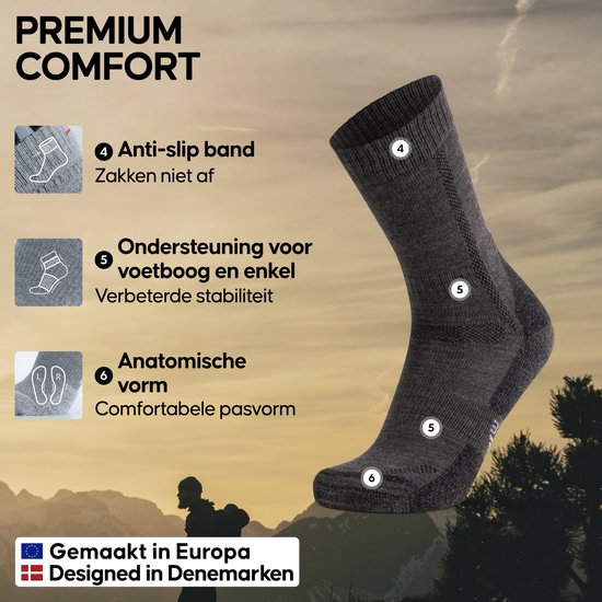 Donkergrijze wandelsok van merinowolmix met markeringen 4, 5, 6 voor anti-slip band, voetboogondersteuning en anatomische vorm. Gemaakt in Europa.
